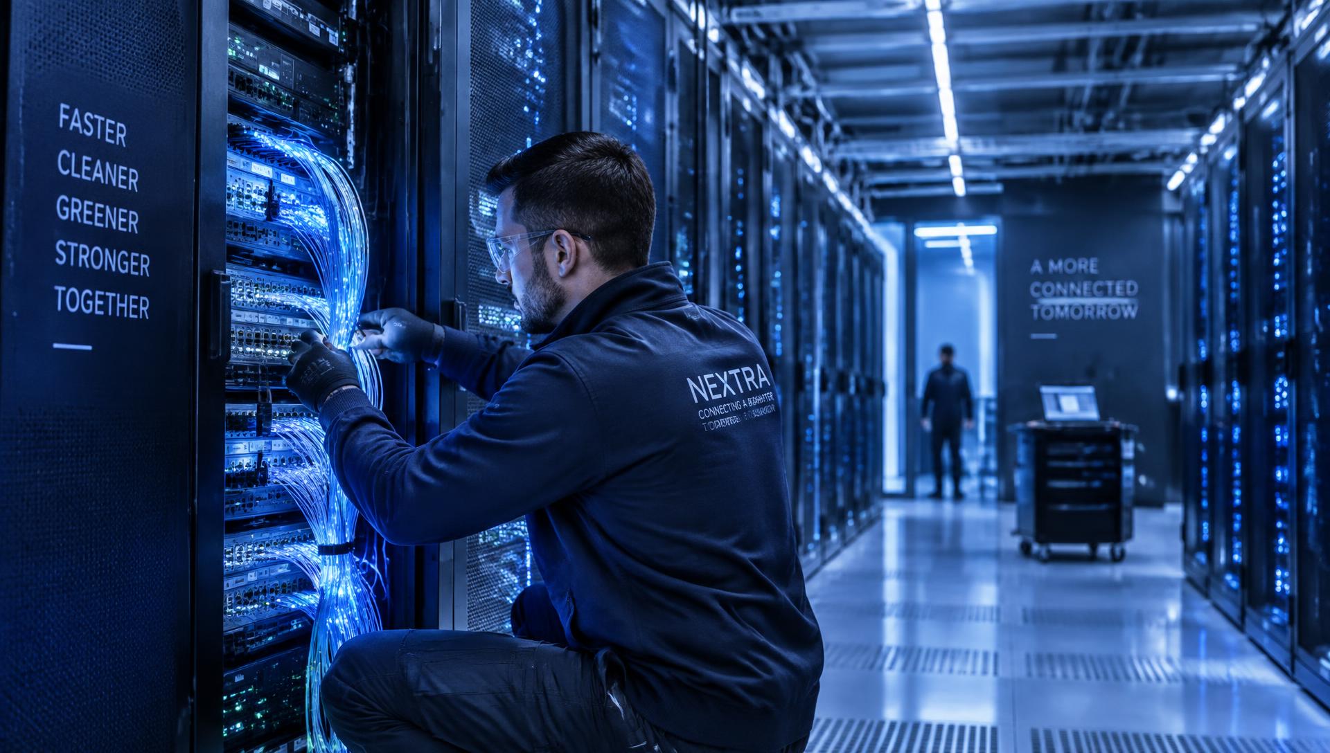 Engineer installing fibre in a server room